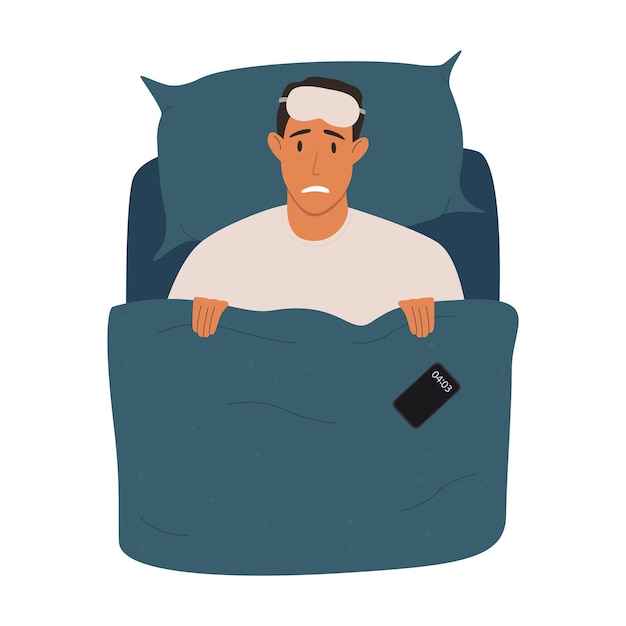 Premium Vector | A man lying in bed and unable to fall asleep. the ...