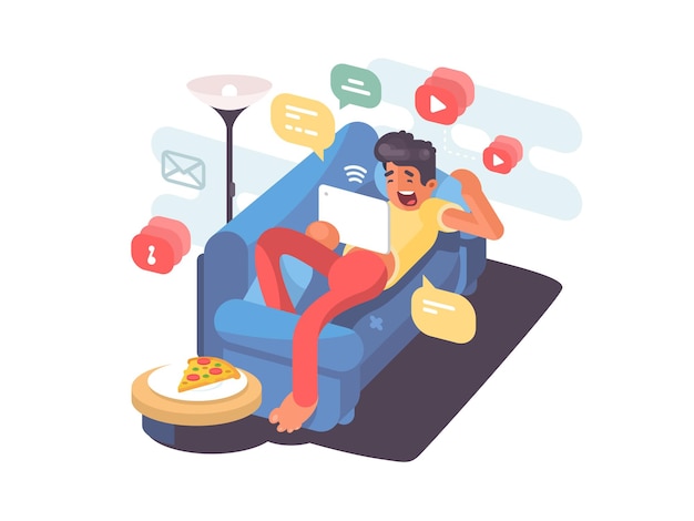 Man lying on couch with tablet and having fun on internet. vector illustration