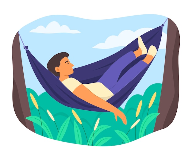 Вектор Мужчина лежит в гамаке, чтобы расслабиться на свежем воздухе