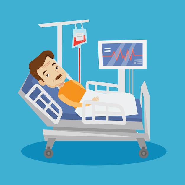 Vector man lying in hospital bed illustration.