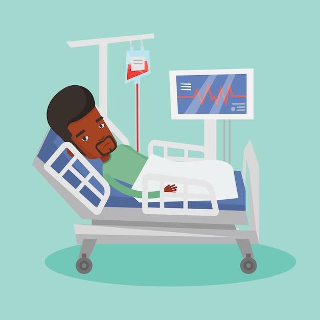 Vector man lying in hospital bed illustration.