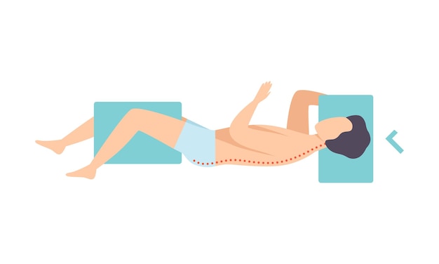 Вектор Мужчина лежит на боку, вид сверху, правильная поза для сна для здорового сна шеи и позвоночника