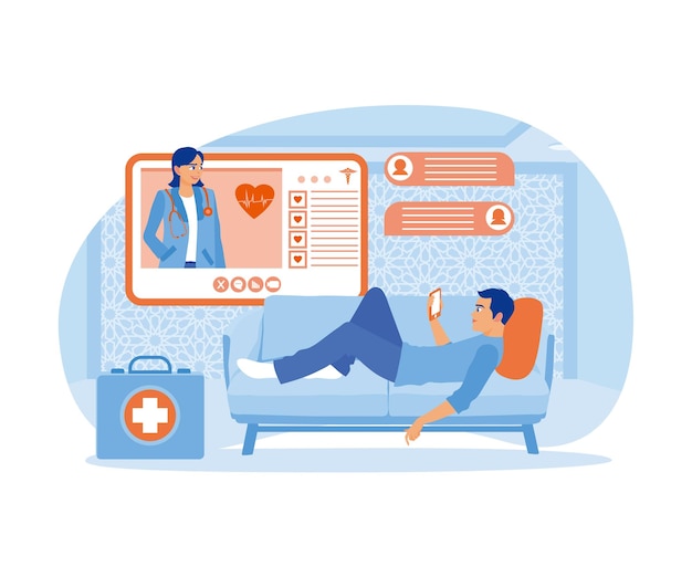 man lying on the sofa at home conduct online health consultations with specialist doctors health records concept flat vector illustration