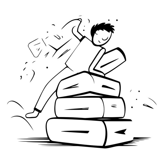 Man lying on stack of books in cartoon style