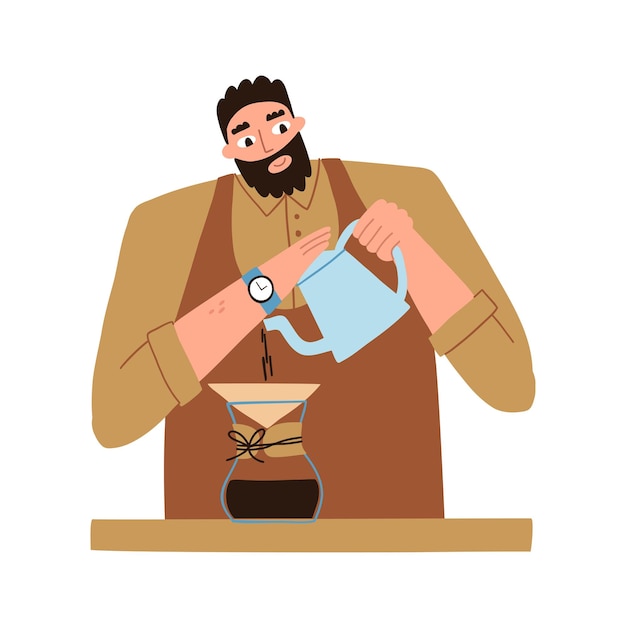 男は自分の手でコーヒーを作ります。コーヒーの準備。コーヒーメーカー。白い背景で隔離のベクトルフラットイラスト。