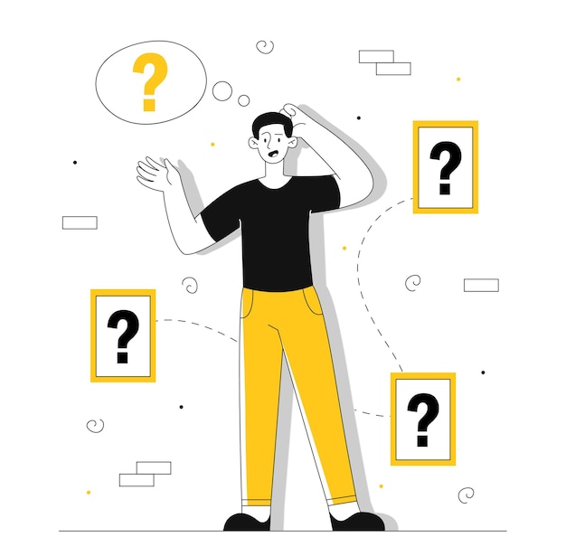 Vector man makes decision line concept young guy with question marks logical thinking and decision making thoughtful and pensive person poster or banner linear flat vector illustration