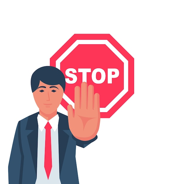 Vector man making stop gesture with hand red sign