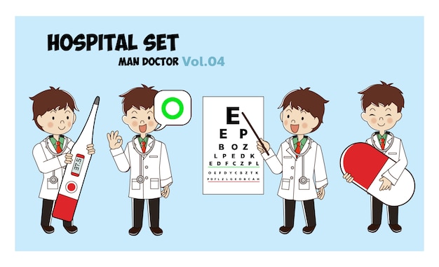 Man male doctor cartoon style set. illustration isolated. hospital set. medical activities.