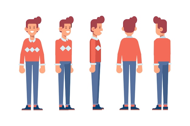 Man male guy front side back view flat vector character for animation