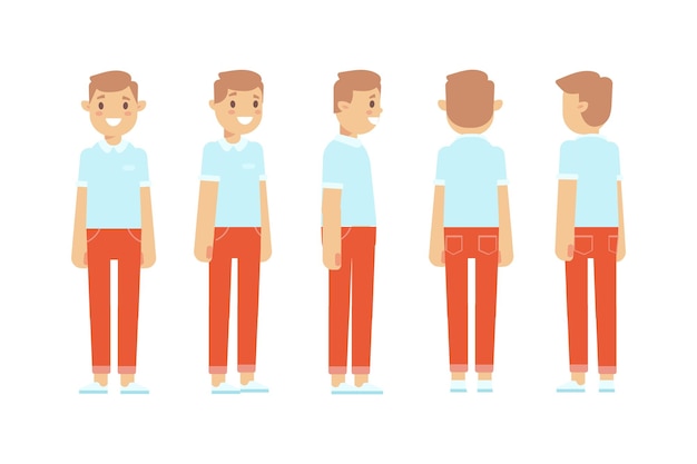 Man male guy front side back view flat vector character for animation