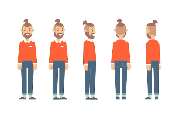 Man male guy front side back view flat vector character for animation