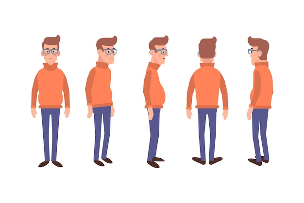 Vector man male guy front side back view flat vector character for animation