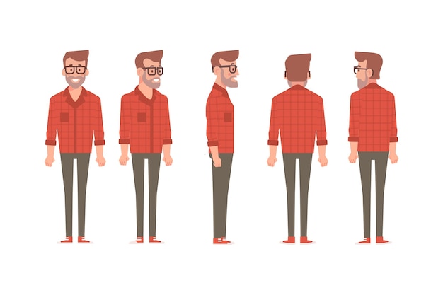 Man male guy front side back view flat vector character for animation