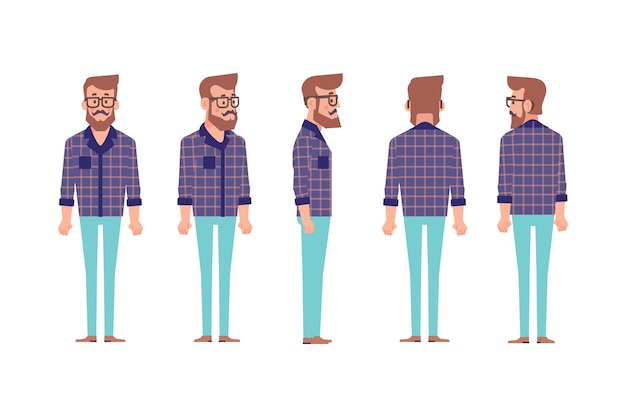 Man male guy front side back view flat vector character for animation