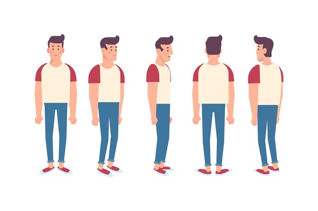 Man male guy front side back view flat vector character for animation