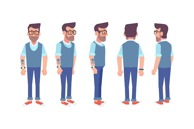 Man male guy front side back view flat vector character for animation