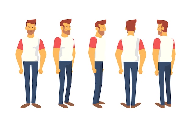 Man male guy front side back view flat vector character for animation