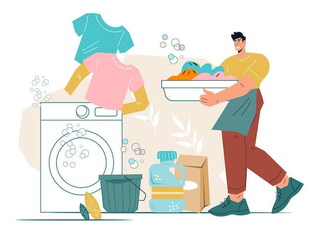 man manages the laundry housekeeping and housework flat vector isolated