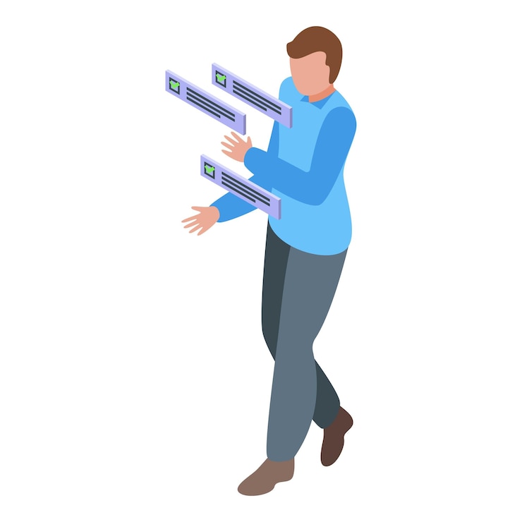 Vector man managing online survey forms checking results doing market research isometric 3d illustration