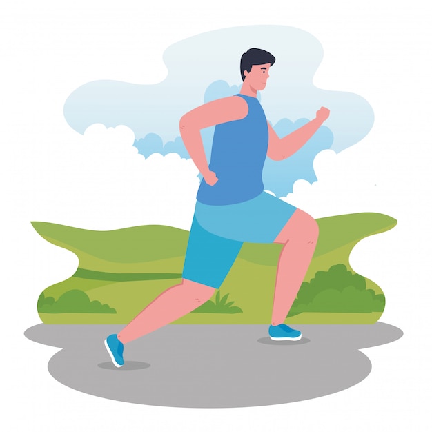 Vector man marathoner running sportive, man run competition or marathon race poster, healthy lifestyle and sport