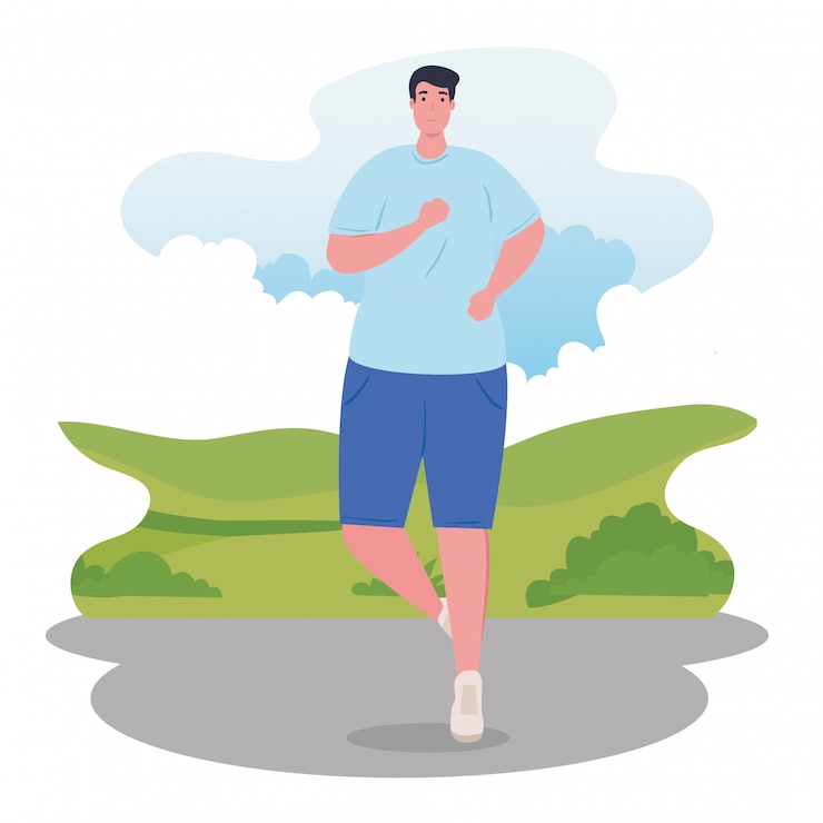 Vector man marathoner running sportive, man run competition or marathon race poster, healthy lifestyle and sport