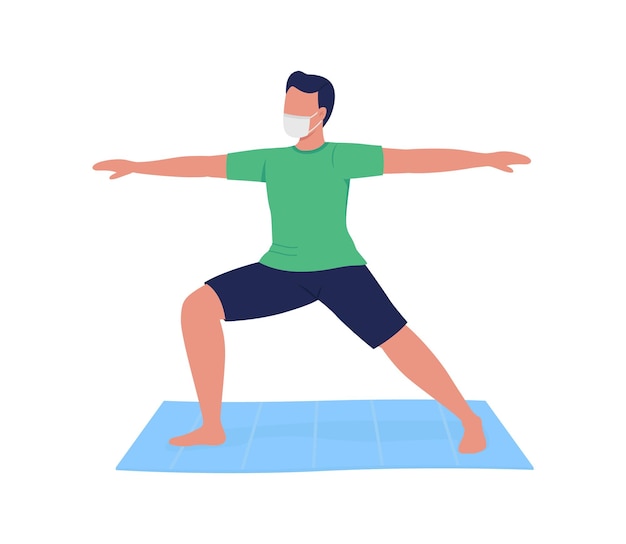 Vector man in mask practicing yoga flat color faceless character