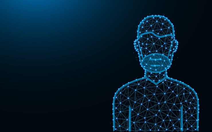 Vector man in a medical mask made from points and lines  , air pollution wireframe mesh polygonal   illustration