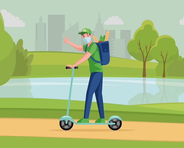 Man in medical mask riding outdoor on scooter and deliver grocery products   cartoon illustration.