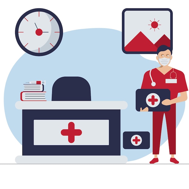 Vector a man in a medical uniform with a red cross on his chest stands in front of a desk with a clock and a clock.