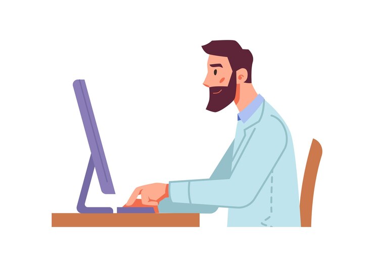 Vector man medical worker working at computer
