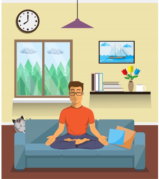 Man meditates in the yoga lotus position in home interior. calm pose, mental balance, harmony, spirituality energy, body exercise sitting. flat .