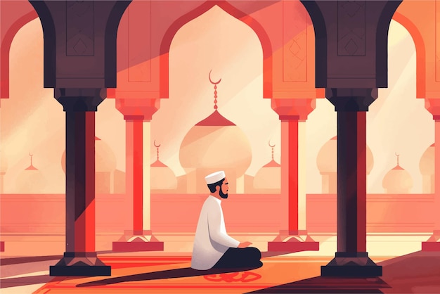 Vector a man meditating in front of a mosque