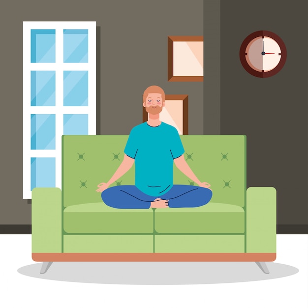 Vector man meditating in the living room, sitting in couch