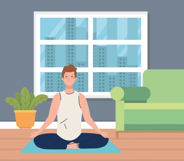 man meditating in the living room