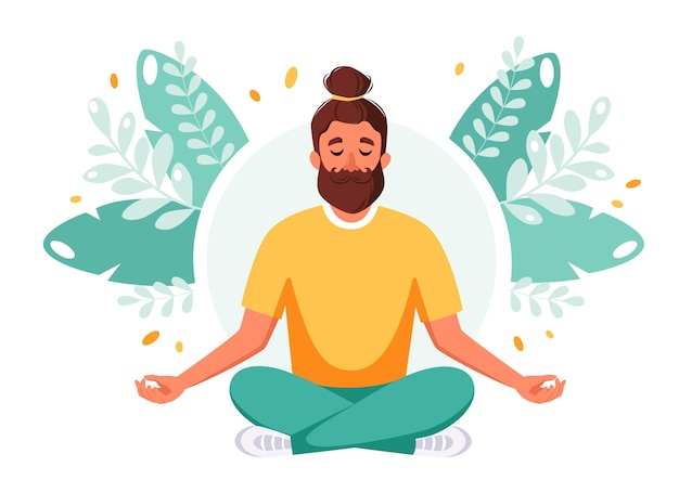 Man meditating in lotus pose Healthy lifestyle wellbeing relax meditation