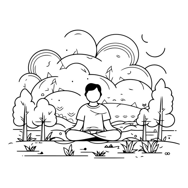 Vector man meditating in the park in linear style