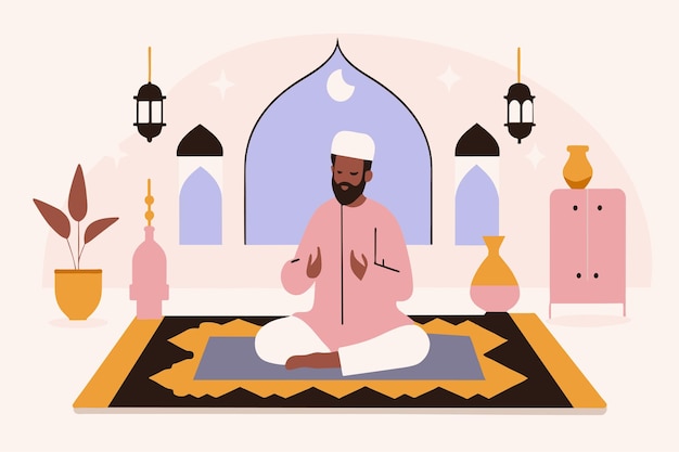 Vector man meditating peacefully in a serene mosque setting