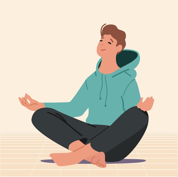 Man mediteren binnenshuis in lichte hal zittend in yoga asana lotus pose gezonde levensstijl ontspanning emotioneel evenwicht vrije tijd leven harmonie zen vrije tijd cartoon vectorillustratie