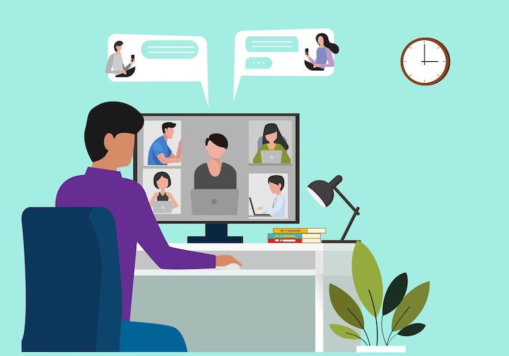 Vector a man meeting online with a business team telecommunication remote operation and business communication concept