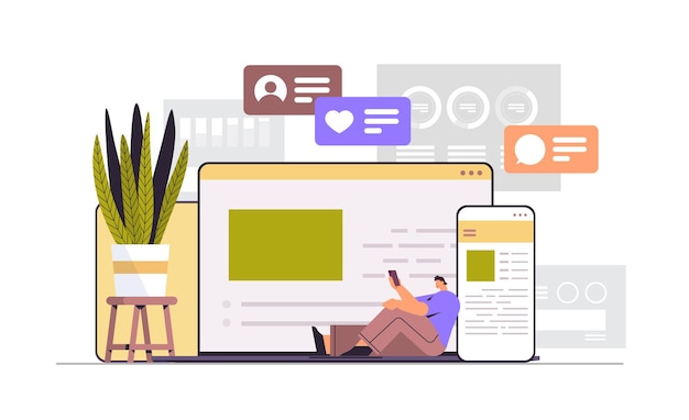 man met behulp van computer en mobiel chatten apps online communicatie sociale media netwerk concept horizontale volledige lengte vectorillustratie
