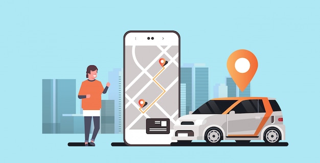 Man met behulp van mobiele app auto auto bestellen met locatie mark huren autodelen concept transport autodelen service moderne stadsgezicht