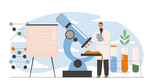 Man met biotechnologie Jonge man in medisch uniform met stethoscoop onderzoekt reagentia Wetenschappelijke technologie Experimenten in het laboratorium Platte vector illustratie
