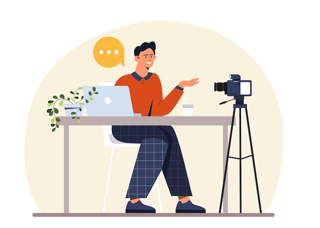 Vector man met blogconcept jonge man zit voor de camera en neemt video op getalenteerd personage creëert interessante content voor sociale media blogger en vlogger cartoon flat vector illustratie