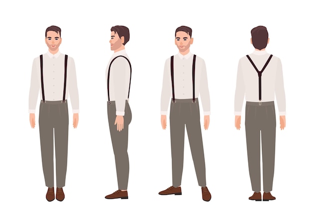 Man met broek met bretels en shirt. Elegante outfit. Stijlvolle mannelijke stripfiguur geïsoleerd op een witte achtergrond. Voor-, zij-, achteraanzichten. Kleurrijke vectorillustratie in vlakke stijl.