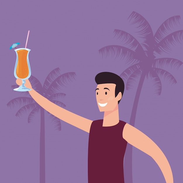 man met cocktail op palmboom achtergrond