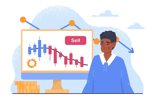 Vector man met dalende aanhalingstekens concept jonge man op de achtergrond van grafieken en diagrammen infographics financiële geletterdheid en passief inkomen economie en handel cartoon platte vectorillustratie