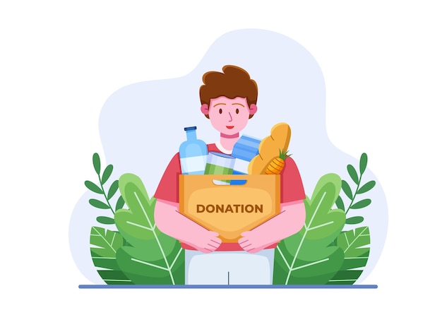 Man met donatie box en het geven van voedsel en boodschappen donatie,