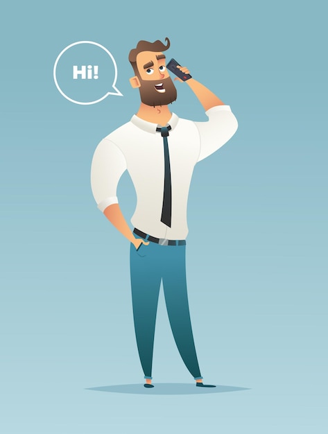 Man met een baard in een pak die aan de telefoon praat Vectorillustratie