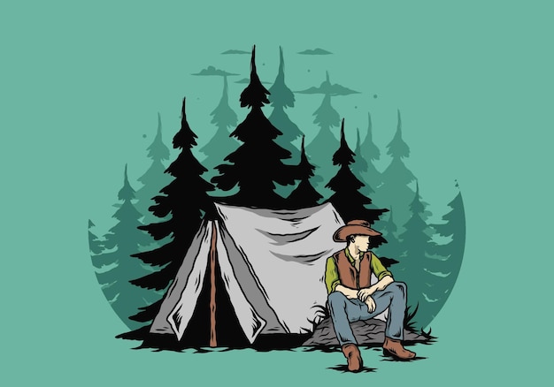 Man met een cowboyhoed die voor de tent zit illustratie