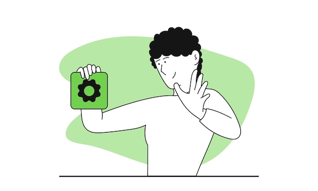 Man met een knop instellingen in zijn hand vector illustratie concept bedrijfsstrategie proces